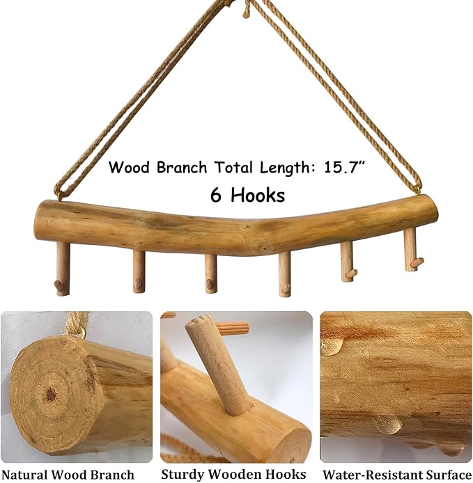 15.7-Inch Rustic Wood Wall Hanging Jewelry Organizer - Handmade Natural Wood Logs Branch Decor with 6 Hooks for Necklace, Earring, Bracelet Storage - Farmhouse, Cabin, Bathroom Home Décor