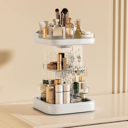 360 Rotating Makeup Organizer for Vanity & Countertop, Clear Adjustable Height Tiered Cosmetic and Skincare Storage, Spinning Perfume and Brush Holder, Jewelry Accessories Desktop Organizer, White