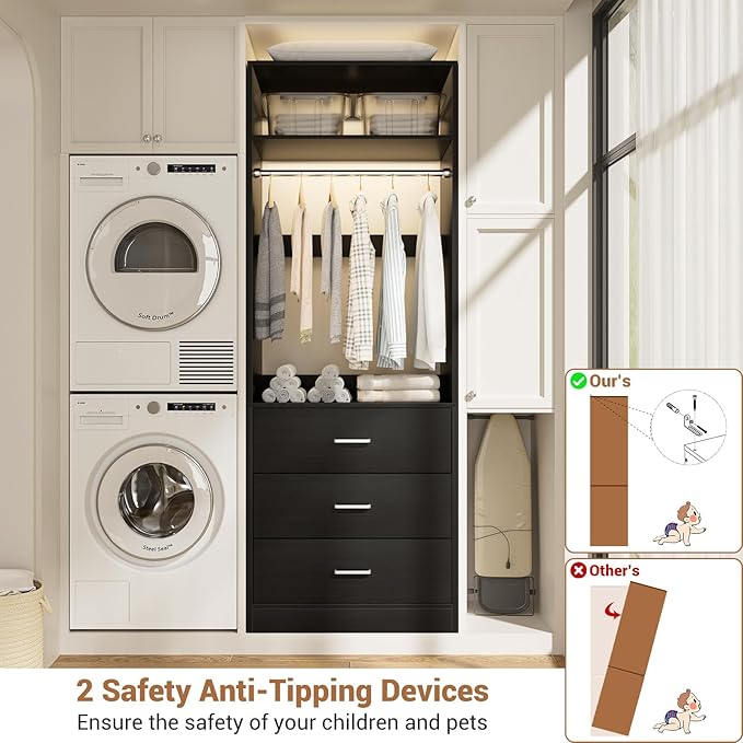 Besiost Closet System Set of 4, 8FT Closet Systems with 12 Wood Drawers, 96" Closet Organizer System with 4 Hanging Rods & 4 Shelves, Heavy Duty 96 Inch Walk-in Closet, Black (96"L x 15" W x 80" H)