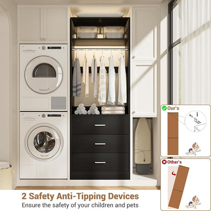 Besiost Closet System Set of 2, 4FT Closet Systems with 6 Wood Drawers, 48" Closet Organizer System with 2 Hanging Rods & 2 Shelves, Heavy Duty 48 Inch Walk-in Closet, Black (48"L x 15" W x 80" H)