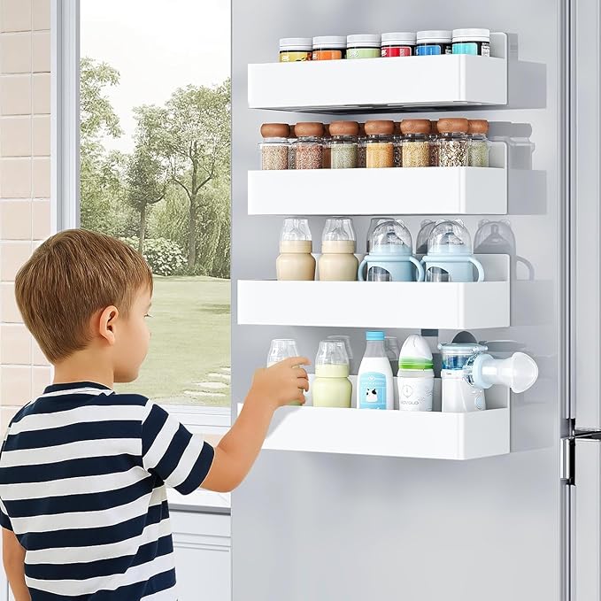 Mystozer Magnetic Spice Rack for Refrigerator, Kitchen Organizer and Storage Shelf, White (2 Pack)…