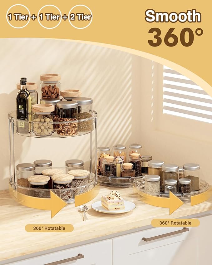 INCOSTAR 2 Pack Lazy Susan Organizer 9.25''and 11.81'' Two-Tier Lazy Susan Turntable for Cabinet, Spice Rack, and Pantry Storage - Spinning Makeup Organizer for Bathroom, Clear