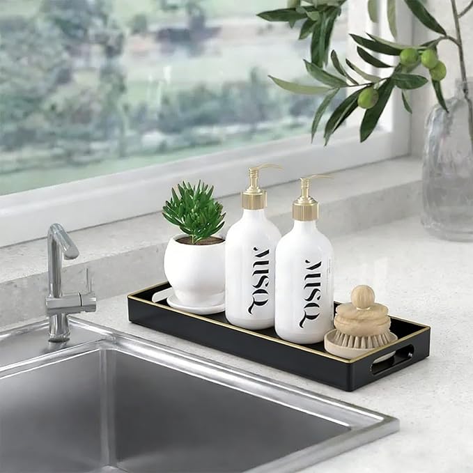 Black Bathroom Vanity Tray for Countertop,Small Rectangular Plastic Tray for Toilet Tank,Multi-Purpose Bathroom Organizer for Makeup,Perfumes,Jewelry,Candles & Keys