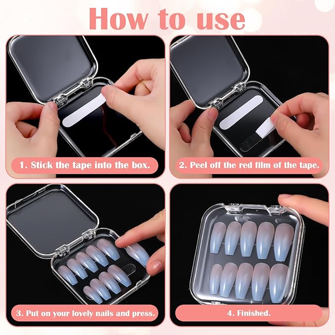 48 Pack Press On Nail Storage Box Clear Acrylic Nail Organizer Display Case with 180 Adhesive Double Sided Tape for Fake Nails, Nails Packaging Supplies