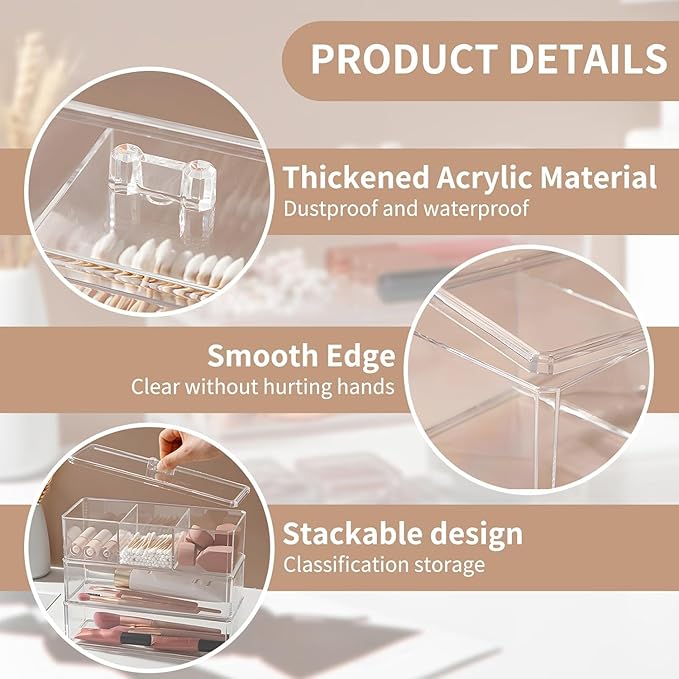 Acrylic Makeup Organizer Cosmetic Storage Display Case Makeup Brush Cotton Ball Pads Swab Q-tip Holder Lipstick Dispenser Canister Bathroom Container (9.2x3.7x5.1in, 2 Tiers, Clear)