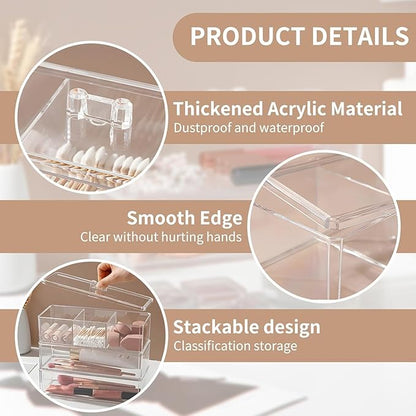 Acrylic Makeup Organizer Cosmetic Storage Display Case Makeup Brush Cotton Ball Pads Swab Q-tip Holder Lipstick Dispenser Canister Bathroom Container (9.2x3.7x5.1in, 2 Tiers, Clear)