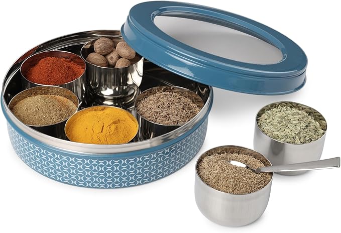 dudki 7 in 1 Stainless Steel Spice box for kitchen sturdy Masala dabba jar for Spices Seamless Design (Dusky Blue)