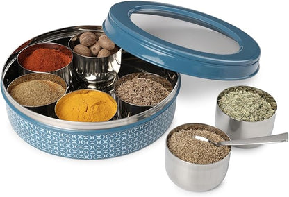 dudki 7 in 1 Stainless Steel Spice box for kitchen sturdy Masala dabba jar for Spices Seamless Design (Dusky Blue)