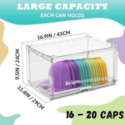 SCAVATA 4 Pack Large Hat Organizer Box, Stackable Clear Baseball Caps Holder Box Containers with Sliding Door for Hats Snapback Cap Storage, Hat Rack Display Case, Holds 20 Hats Each - Clear