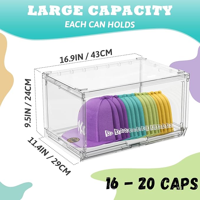 SCAVATA 2 Pack Large Hat Organizer Box, Stackable Clear Baseball Caps Holder Box Containers with Sliding Door for Hats Snapback Cap Storag, Hat Rack Display Case, Holds 20 Hats Each -Clear