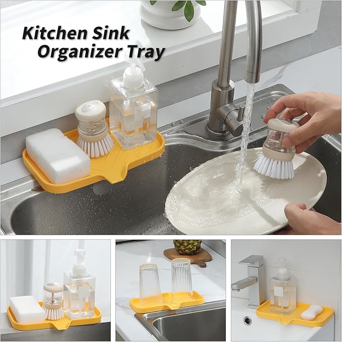 MicoYang Silicone Bathroom Soap Dishes with Drain Spout-Bathroom and Kitchen Sink Organizer,Sponge Holder,Dish Soap Tray,Perfect for Dispenser,Scrubber,Bottle,Cup on Sink or Counter-Yellow 9.6"×5.3"
