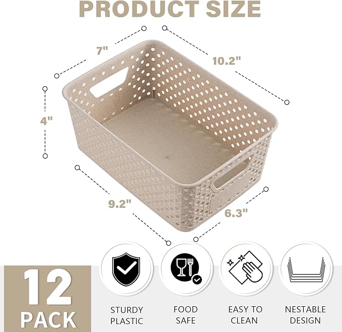 12 Pack Plastic Storage Baskets for Organizing, Storage Baskets for Shelves with Handles, Small Storage Bins with Labels, Organizer Baskets for Cabinet,Closet, Office,Natural