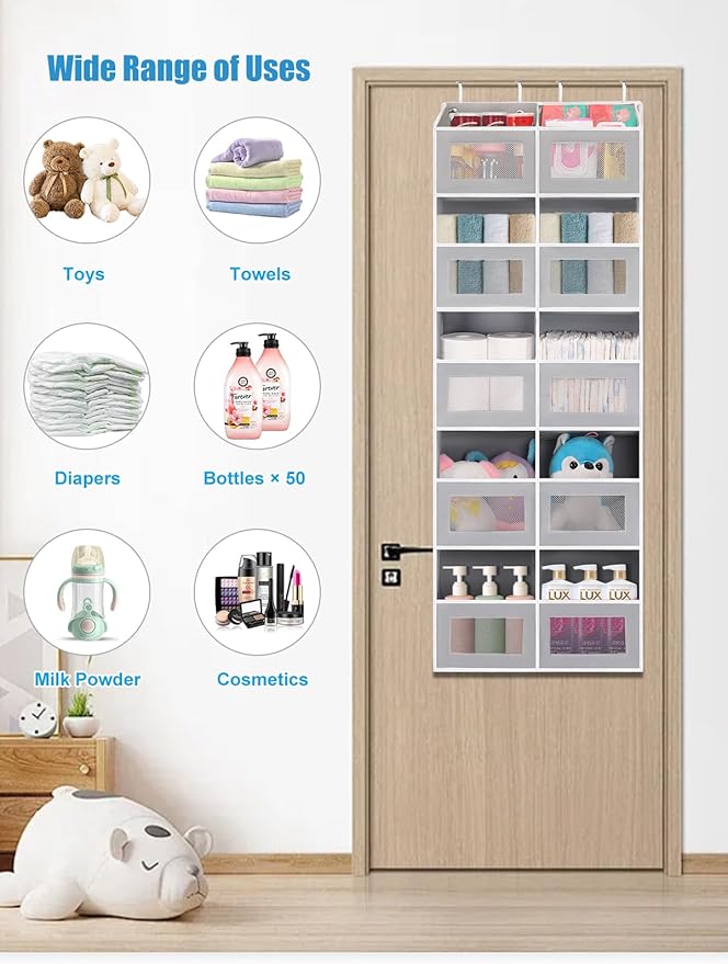 Over the Door Organizer Hanging- 10 Compartments, 80 lbs Load Behind Door Stuffed Animal Storage, Extra Large Toys Storage Organization for Bedroom, Bathroom, Closet, Nursery, Shoes, Diaper (grey)