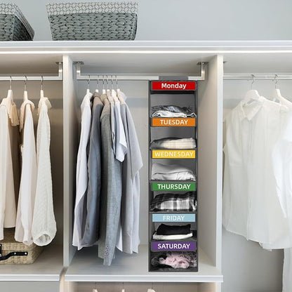 6-Shelf Weekly Clothes Organizer for Kids, Hanging Closet Organizer for Kids & Adults, Collapsible Hanging Closet Shelves, Monday-Saturday Days of The Week Clothes Shelves with 6 Side Pockets (Grey)