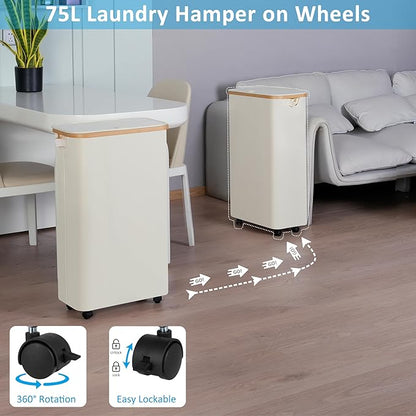efluky Slim Laundry Hamper with Wheels, Narrow Laundry Basket with Lid and Removable Bag, Aesthetic Dirty Clothes Hamper on Wheels for Laundry Room, Bedroom, Dorm and Bathroom, 75L Beige