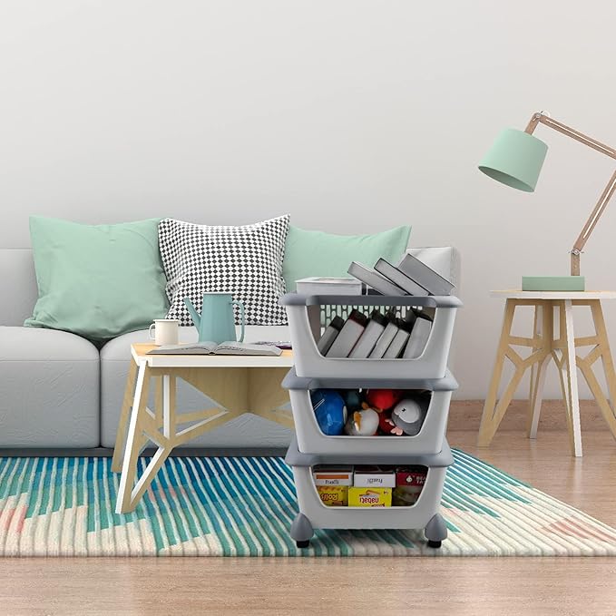 Farmoon 5 Pack Plastic Stackable Storage Baskets, Grey Plastic Stacking Baskets with Wheels