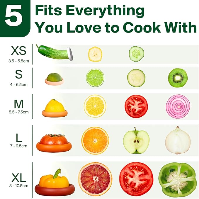 Food Huggers 5pc Reusable Silicone Food Savers | BPA Free | Plastic Free Food Storage | Dishwasher Safe | Fruit & Vegetable Produce Storage for Onion, Tomato, Lemon, Banana & Cans | Round, Terracotta