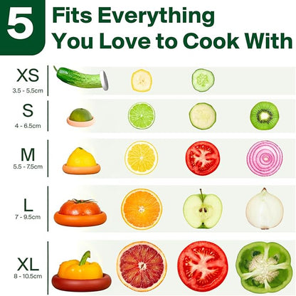 Food Huggers 5pc Reusable Silicone Food Savers | BPA Free | Plastic Free Food Storage | Dishwasher Safe | Fruit & Vegetable Produce Storage for Onion, Tomato, Lemon, Banana & Cans | Round, Terracotta