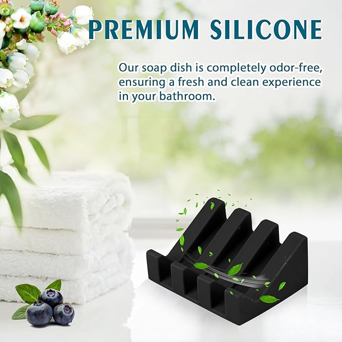 Self Draining Silicone Soap Dish with Suction Cups - Non-Slip Bar Soap Holder for Shower & Kitchen, Waterfall Tray Keeps Soap Dry, Easy Clean, Extends Soap Life (Black, 1 Pack)