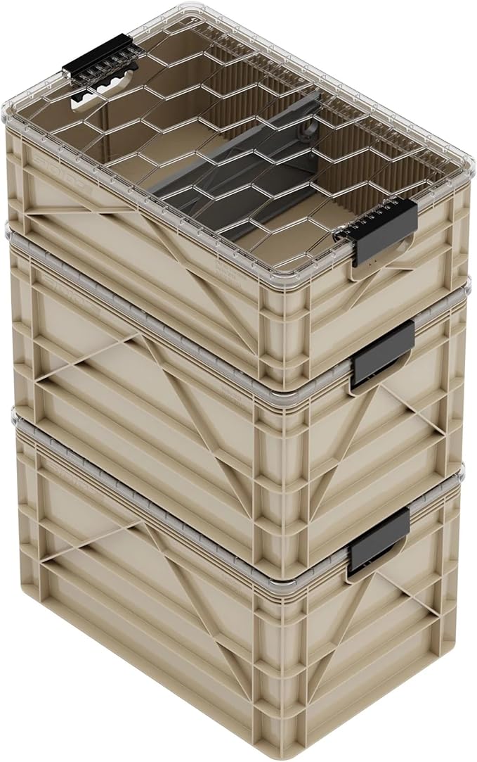 SIDIO CRATE Starter Pack - Two Full Size and One Half Size SidioCrate, Stackable Outdoor Organizer Storage Bins with Clear Lid and Dividers - Tan