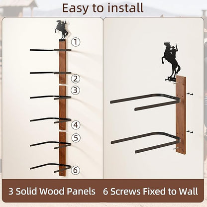 Cowboy Hat Rack for Wall – 3-Piece Wooden & Metal Western Hat Holder, Rustic Rider Sign Decor, Holds up to 6 Hats, Wall Mounted Cowboy Hat Organizer & Storage Display Rack for Cowboy Room Decor