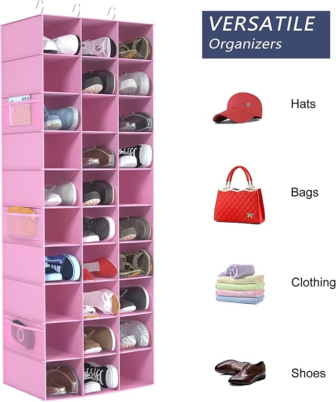 Libeder Hanging Closet Organizers 30 Section Shoe Shelves, Shoe Storage Hanging Shoe Rack, Space Saving Shoe Holder, Pink