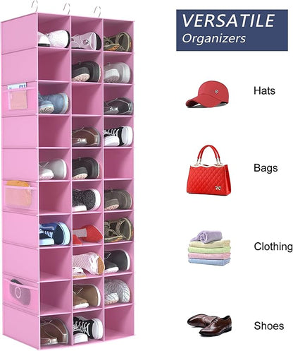Libeder Hanging Closet Organizers 30 Section Shoe Shelves, Shoe Storage Hanging Shoe Rack, Space Saving Shoe Holder, Pink