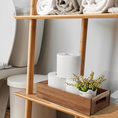 ALELION Acacia Wood Bathroom Storage Basket for Organizing - Toilet Paper Basket with Handle for Back of Toilet Tank Top Topper - Small Narrow Baskets for Kitchen Pantry Garage Laundry Room Storage