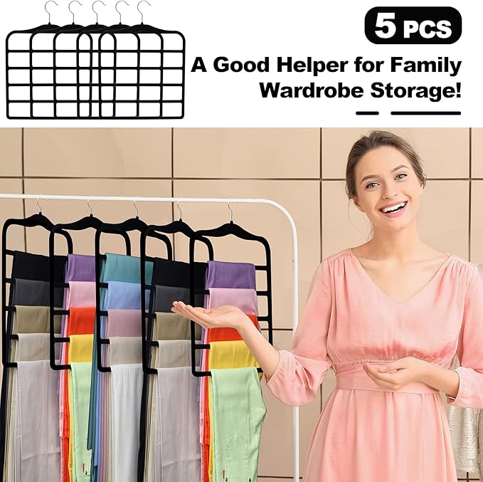 Closet Organizers and Storage,5 Pack Velvet Pants-Hangers-Space-Saving,Non Silp 5 Tier Scarf Jeans Organizer,Dorm Room Essentials for College Students Girls Boys Guys,Organization and Storage
