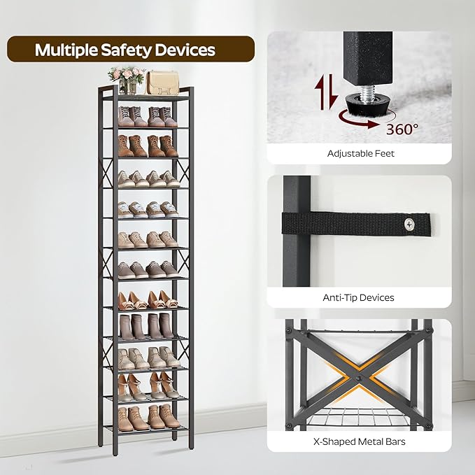YATINEY 12-Tier Narrow Shoe Rack, Tall Shoe Rack for 12-24 Pairs, Slim Shoe Storage Organizer with Wooden Top, Space Saving, Metal Frame, for Entryway, Charcoal and Black SS61BC
