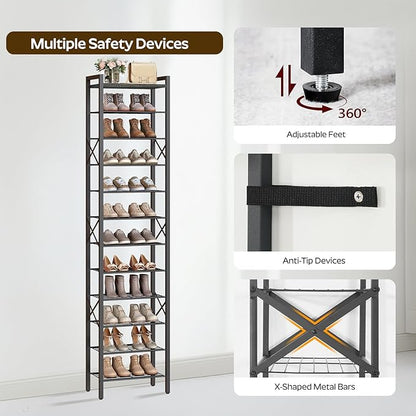 YATINEY 12-Tier Narrow Shoe Rack, Tall Shoe Rack for 12-24 Pairs, Slim Shoe Storage Organizer with Wooden Top, Space Saving, Metal Frame, for Entryway, Charcoal and Black SS61BC