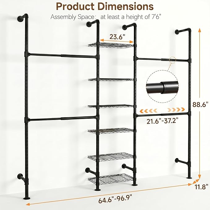 F3 Wall Mounted Closet System, Industrial Pipe Clothing Rack for Hanging Clothes, Heavy Duty Closet Organizer System, Clothes Racks with Shelves & Expandable Rod for Wardrobe, Corner, Black