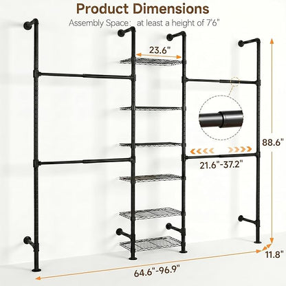 F3 Wall Mounted Closet System, Industrial Pipe Clothing Rack for Hanging Clothes, Heavy Duty Closet Organizer System, Clothes Racks with Shelves & Expandable Rod for Wardrobe, Corner, Black