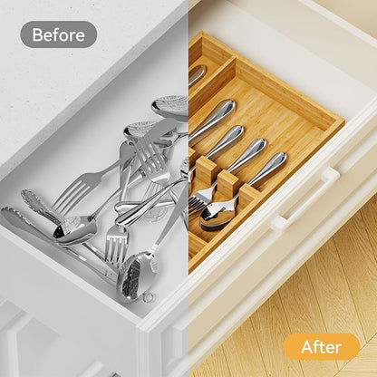 Yofidra Bamboo Silverware Organizer, 13.8 x 9.84 x 1.96 Inches Kitchen Utensil Drawer Organizer, Silverware Tray for Drawer with Fixed Slots for Spoons, Forks & Knives, Natural
