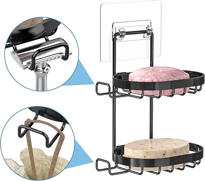 MASADI 2 Tier Soap Dish Holder, Soap Bar Holder with Hooks, Shampoo Bar Caddy for Shower Wall, Razor Holder for Shower, Bar Soap Container 304 Stainless Steel, Bathroom (Black)