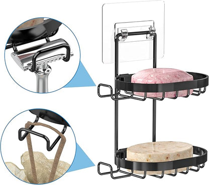MASADI 2 Tier Soap Dish Holder, Soap Bar Holder with Hooks, Shampoo Bar Caddy for Shower Wall, Razor Holder for Shower, Bar Soap Container 304 Stainless Steel, Bathroom (Black)
