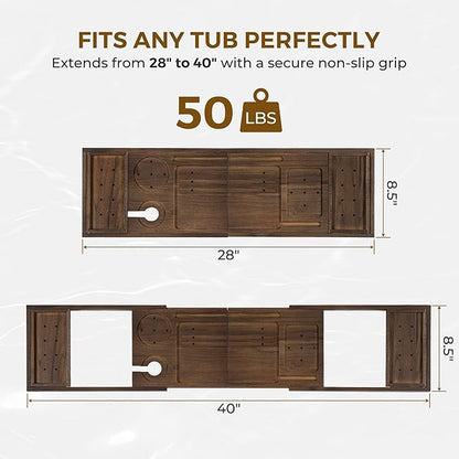 Venusmiles Teak Bathtub Tray Caddy, Foldable Bath Tray with Expandable Handles, Wine Glass and Phone Holders, Book Stand, for Home Spa Relaxation, Luxury Bathroom Accessories - Dark Walnut Color