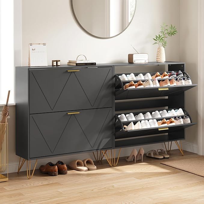 Shoe Storage Cabinet with 2 Flip Drawers, Shoe Cabinet Storage Entryway Slim, Black Narrow Shoe Cabinet w/Gold Handles & Metal Legs, Hidden Freestanding Shoe Organizer for Hallway