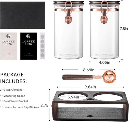 Glass Coffee Canister Set with Wooden Shelf, 2 Pack 45oz Airtight Food Storage Containers with Lids & Spoons, Large nisters for Coffee Beans, Sugar, Tea, Nuts
