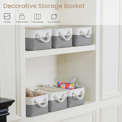 Storage Baskets for Shelves 11.8x7.9x5.2 Inch, Foldable Fabric Storage Bins with Handles, Small Storage Baskets for Organizing Closet, Office, Home Organization (6-Pack, White&Gray)