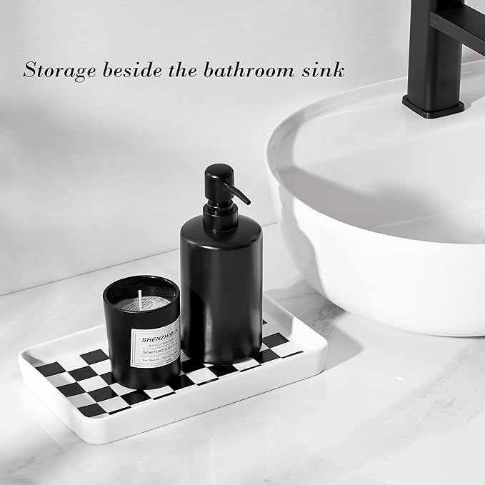 Texture Checkered Surface 10"×6"×1" Bathroom Vanity Tray for Countertop- Ceramic Decorative Organizer Tray for Dresser Top, Toilet, Perfume, Sponge Holder Soap Dish Dispenser for Kitchen Counter