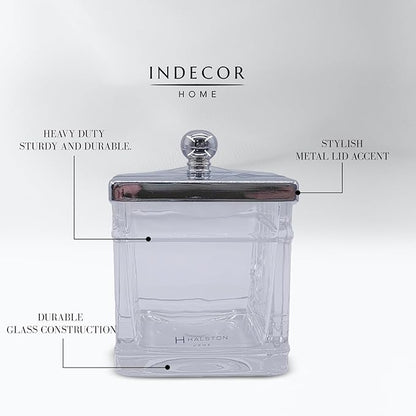 Apothecary Glass Cotton Jar Holder Silver Stainless Steel Lid, Elegant Bathroom Storage Canister for Qtips, Cotton Balls, Floss, Makeup Organizer, Vanity Bathroom Organization