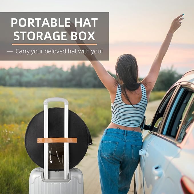 Pehciroe Modern Black Round Hat Box Storage, Portable Felt Travel Hat Boxes with Translucent Dustproof Lid and Shoulder Strap, 16.9" x 8.3" x 8.3"
