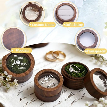 Personalized Ring Box Wedding Day（1-2 slots, Wooden Small Ring Boxes Holder, FREE Custom Name Clear Acrylic Cover, Elegant Round Rings Case for Wedding, Engagement Proposal,Ceremony