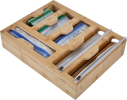 Kitchen Details Drawer Organizer | Multiple Food Storage Bag Compartments | Stores Up to 6 sizes | Kitchen Organization | Built In Slide Cuttlers | Bamboo
