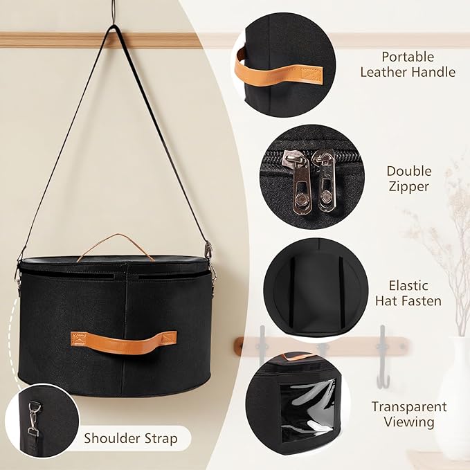 HEAVYWOOD Hat Box for Women Storage Travel Felt Hat Case for Wide-Brim Cowboy Hat Storage Foldable Organizer for Closet Large Round Hat Carrier with Portable Handle Shoulder Strap (Black)