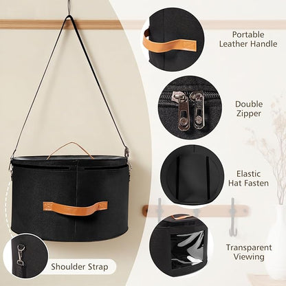 HEAVYWOOD Hat Box for Women Storage Travel Felt Hat Case for Wide-Brim Cowboy Hat Storage Foldable Organizer for Closet Large Round Hat Carrier with Portable Handle Shoulder Strap (Black)