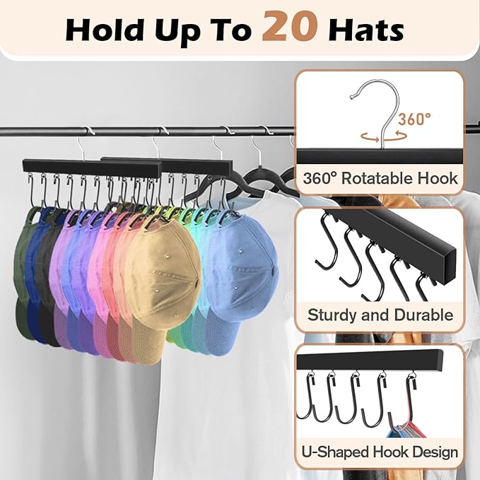 2 Pack Hat Organizer for Baseball Caps, 360 Degree Rotating Hat Storage for Baseball Caps Organizer with 10 Stainless Steel Hooks, Wooden Hanging Closet Organizer
