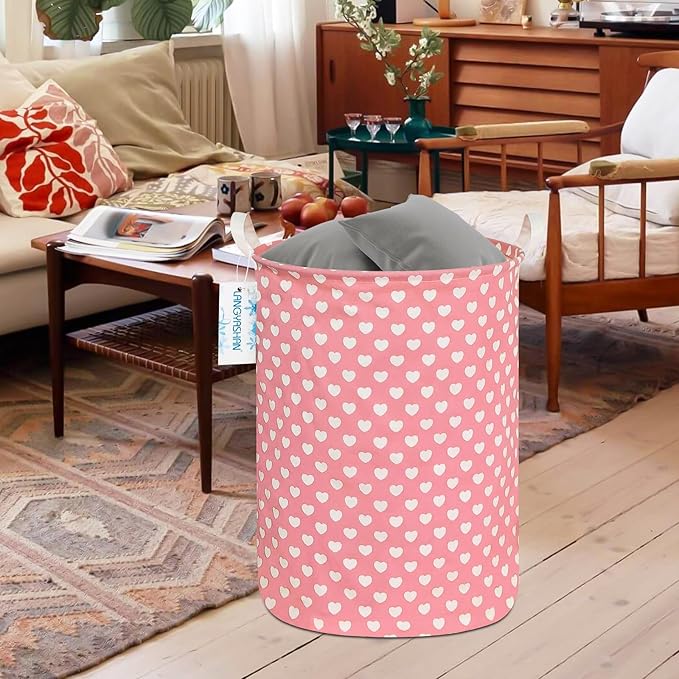 Laundry Basket Canvas Fabric Collapsible Organizer Basket for Storage Bin Toy Bins Gift Baskets Bedroom Clothes Children Nursery Hamper (pink heart)