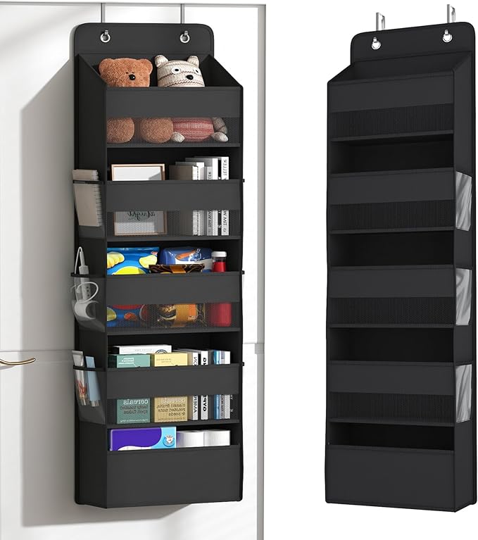 Kaitiemoo 1 Pack 5-Tier Over the Door Organizer, Heavy-Duty Large Deep Pocket Hanging With 5 Large Front & 6 Side Pockets With for Pantry, Kitchen, Bathroom, Dorm, Black
